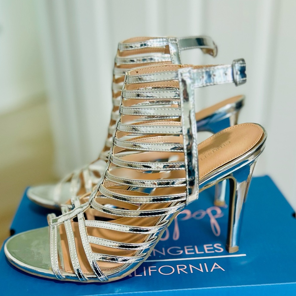 Christian Siriano silver metallic caged stiletto gladiator open toe strap 8.5